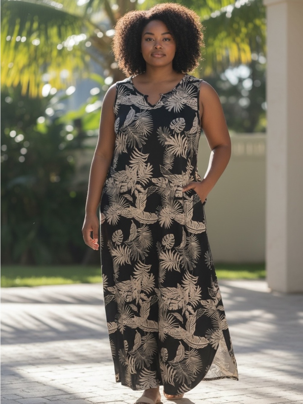 Tropical Leaf Print Maxi Dress in Black and Beige